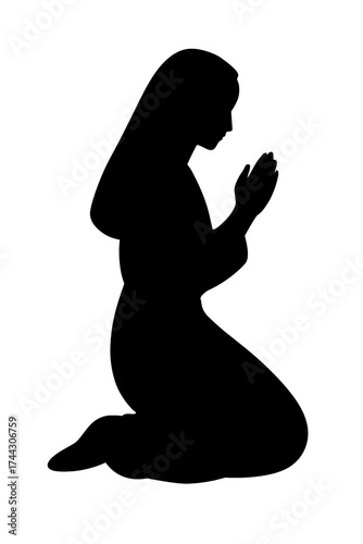 Kneeling woman silhouette in prayer, hands clasped, black on white background