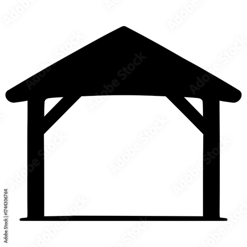 Nativity stable silhouette, wooden manger shelter, black on white background