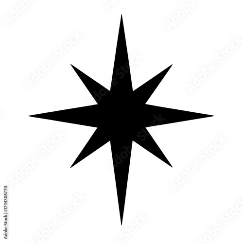Eight-point star silhouette, compass rose or Bethlehem symbol, black on white
