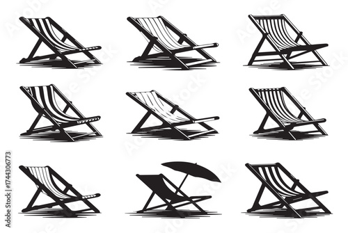 Black and white deck chairs and beach umbrella illustrations