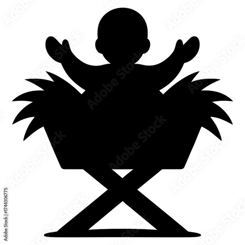 Baby in manger silhouette with outstretched arms, nativity icon black on white