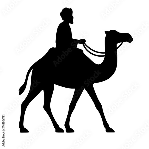 Man riding camel silhouette with reins, side view, black figure on white