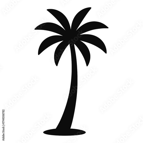Palm tree silhouette with curved trunk, tropical icon, black on white background