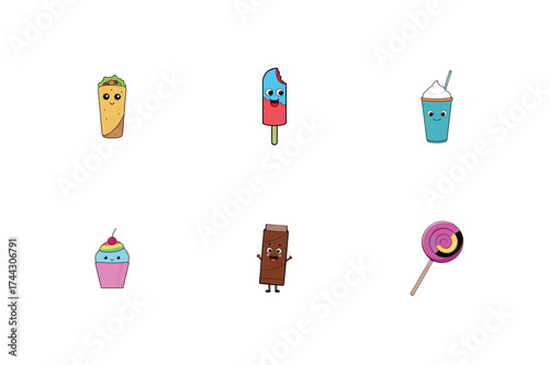 
Cute Cartoon Sweets and Drink Character Icons