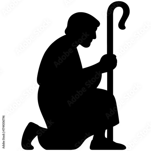 Kneeling shepherd silhouette with crook staff, prayerful pose, black on white