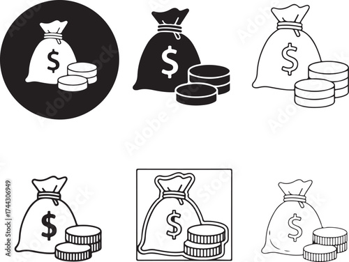 Money bag and coin stack icons vector graphic on transparent background silhouette