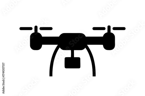 Simple Silhouette Icon of Unmanned Aerial Vehicle with Camera on White Background
