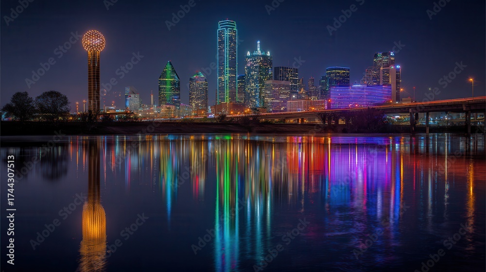 Fototapeta premium Vibrant cityscape at night reflecting colorful lights on calm water surface