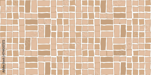 Seamless pattern of irregular tan and brown rectangles and squares on a white background