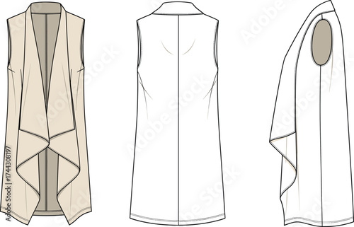Sleeveless draped vest flat sketch, waterfall open front design with asymmetrical hem, front back side view, cad drawing flat vector illustration