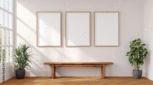 Modern interior mockup with three blank picture frames above a wooden bench with potted plants.