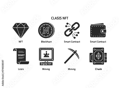 Nft icons collection diamond, coin, smart contract, wallet, ledger, mining