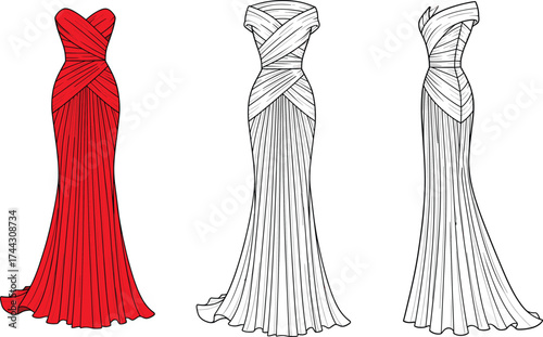 Red strapless evening gown flat sketch, sweetheart neckline with crisscross bodice and pleated flowing skirt, front and back view, cad drawing flat vector illustration