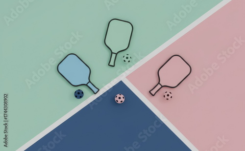 Minimalist flat lay composition with pickleball paddles and balls on colorful geometric background, concept of modern sport and recreation design