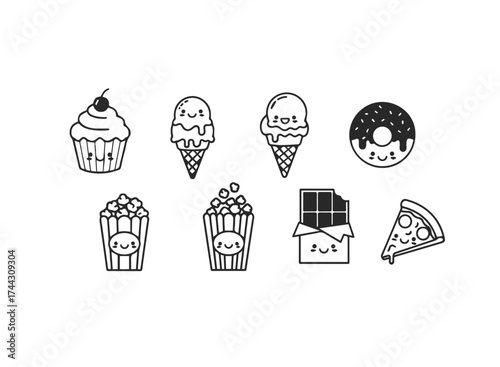 Set of cute kawaii food icons