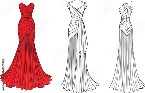 Red evening gown fashion flat sketch, sweetheart neckline pleated bodice with flowing skirt, front and back view, cad drawing flat vector illustration