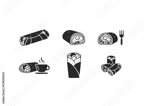 Set of black icons representing shawarma and coffee