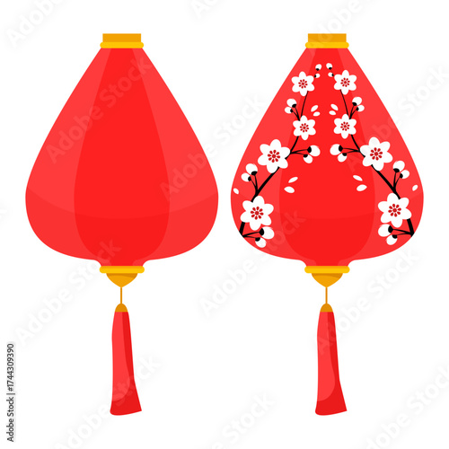 A set of traditional festive red Chinese lanterns with and without cherry blossoms