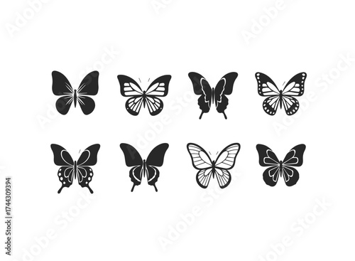 Collection of eight black butterfly icons