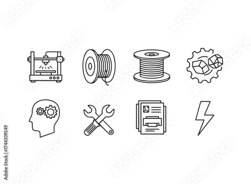 Set of icons related to 3d printing and engineering