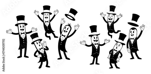Vector art of a group of cartoon characters in top hats and tuxedos are dancing around