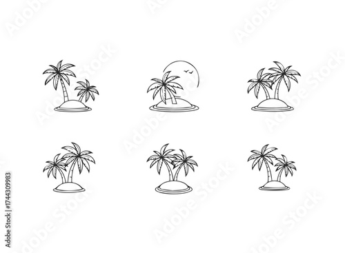Set of handdrawn palm trees on small islands
