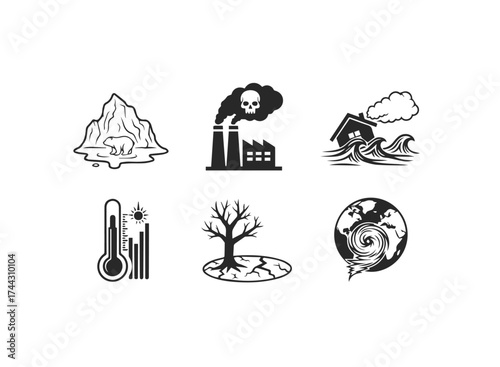 Set of icons representing environmental issues and climate change