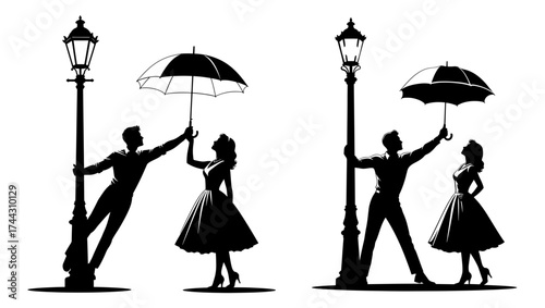 Vector art of a couple dancing in the rain with umbrellas, a black and white illustration