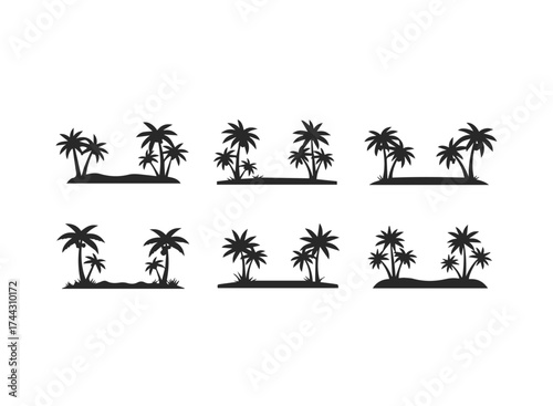 Set of tropical island silhouettes with palm trees on