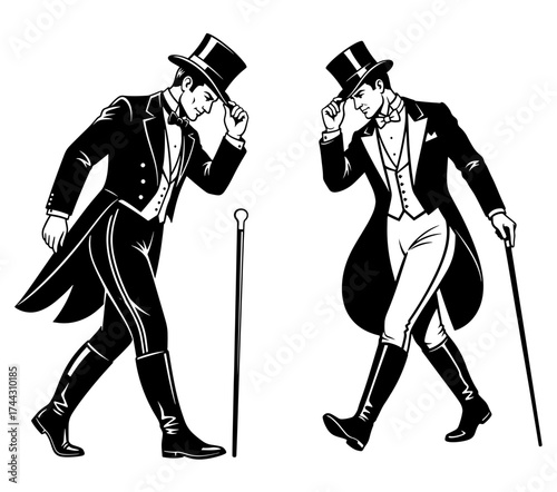 Vector art of two dapper gentlemen in top hats and tailcoats, , exuding vintage charm and elegance