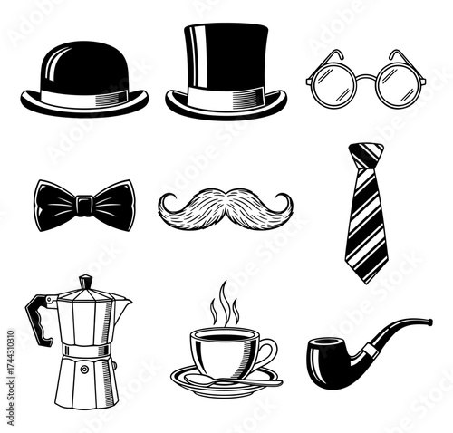 Vector art of hand drawn set of gentleman accessories bowler and top hats, glasses, and mustache