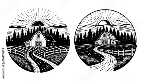 Vector art of hand drawn farm landscape rural scene with barn, trees, and sunburst