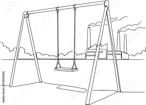 An abandoned playground with empty swings in front of an industrial factory. The concept of decline, unemployment due to automation, environmental problems, and the desolation of industrial cities.
