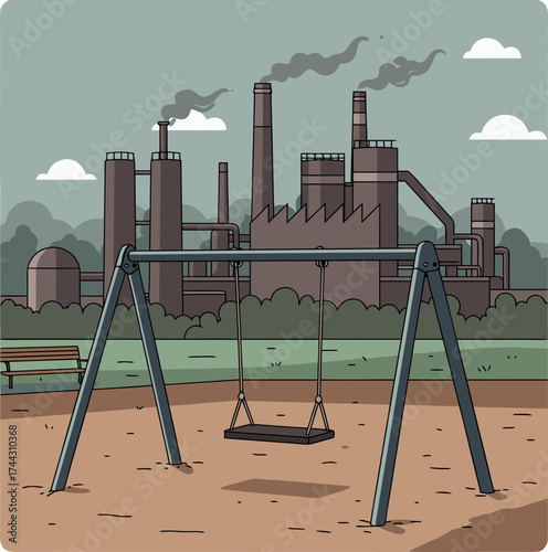 An abandoned playground with empty swings in front of an industrial factory. The concept of decline, unemployment due to automation, environmental problems, and the desolation of industrial cities.