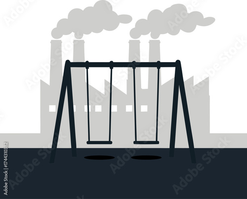 An abandoned playground with empty swings in front of an industrial factory. The concept of decline, unemployment due to automation, environmental problems, and the desolation of industrial cities.