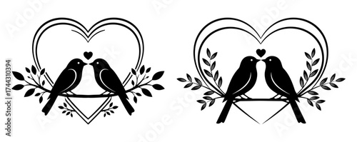 Vector art of two birds in love sitting on a branch inside a heart, vector illustration