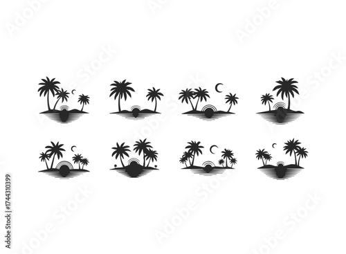 Eight different tropical island sunset silhouettes