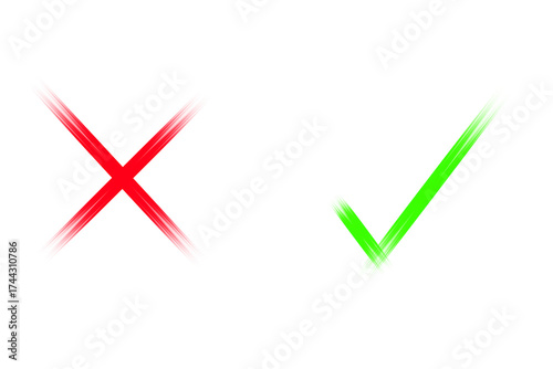 Red cross and green check mark painted with brush strokes for visual comparison