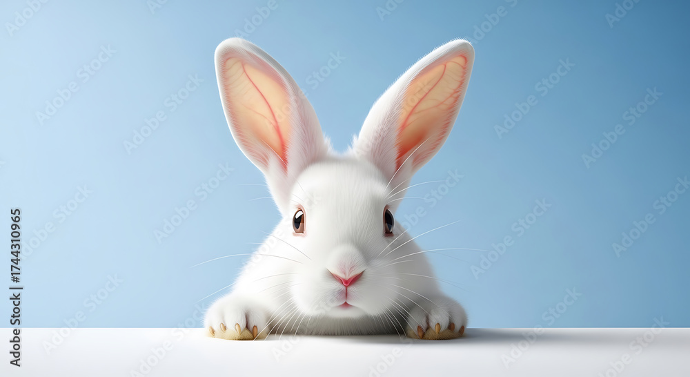 Obraz premium Adorable fluffy white rabbit peeking over a surface with a blue background