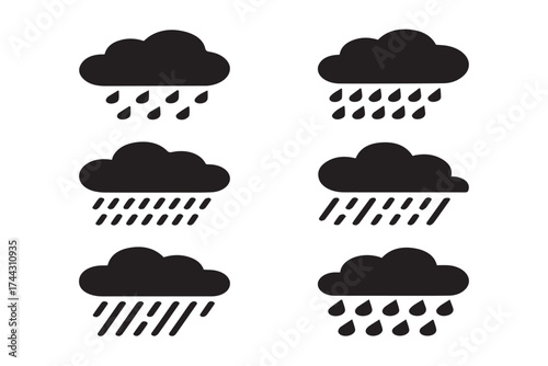 Six black cloud icons with rain drops weather symbol
