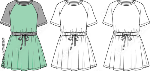 Short sleeve raglan dress flat sketch, drawstring waist fashion technical drawing, cad vector illustration, apparel design template, stock illustration