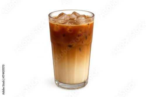 Iced coffee latte drink in a tall glass with ice cubes, refreshing cold beverage on transparent background