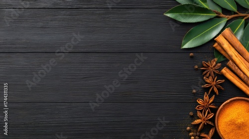 A vibrant arrangement of spices including cinnamon and turmeric on a dark wooden surface with foliage