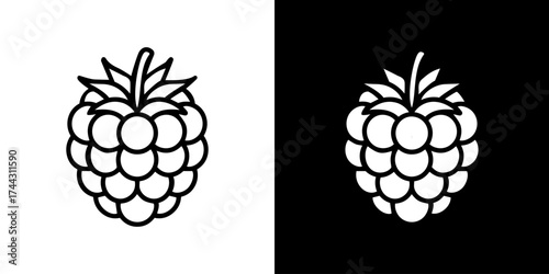 Simple line art icon of a raspberry isolated on white background and a black background