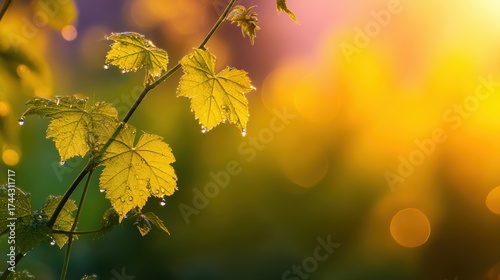Dew-kissed green grape leaves glistening in the warm golden sunlight of a serene vineyard