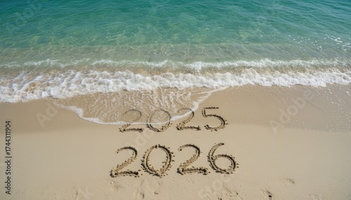 Sand Written Years 2025 and 2026 on Beach by Gentle Ocean Waves, symbolizing reflection, time, and new beginnings.