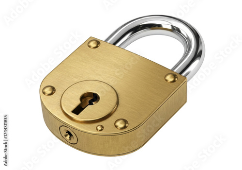Brass padlock isolated on transparent background, security lock for safety and protection, metal lock with keyhole for privacy and access control