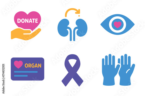 Organ donation symbol set: heart, kidney, eye, card, ribbon, hands