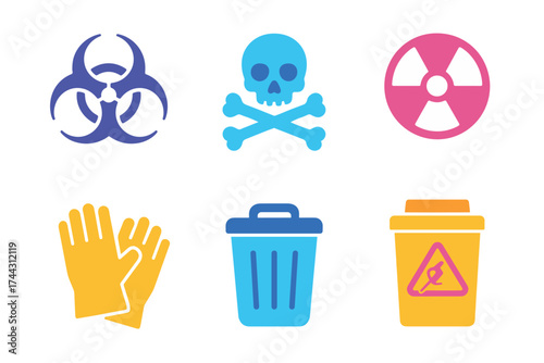 Colorful hazard symbols and items: biohazard, skull, radiation, gloves, bin, container