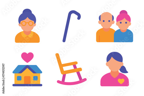 Elderly care symbols: seniors, support, home, family, love
